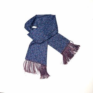 Men's Classic Doubled Dress Scarf Blue Paisley Print with Fringes